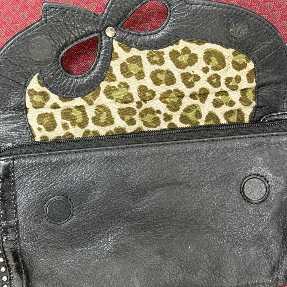 Brighton Black Leather Bow Clutch Chain Strap Studded‎ Leopard Lining Y2K